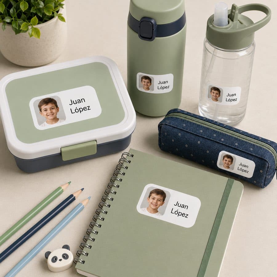 Útiles escolares rotulados con etiquetas de foto personalizada