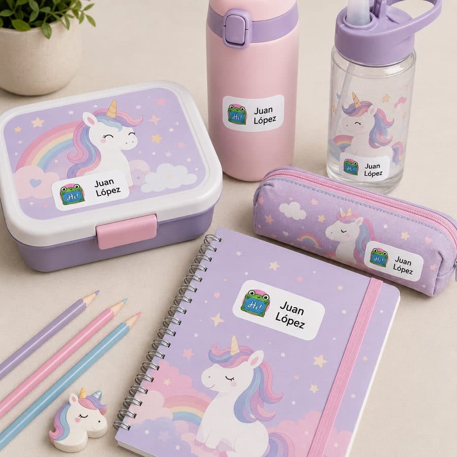 Útiles escolares rotulados con etiquetas de unicornios