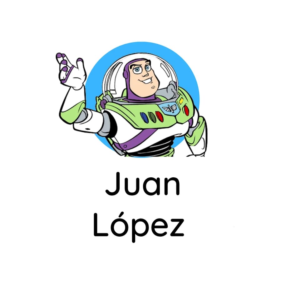 Etiqueta con personaje y el nombre del niño
