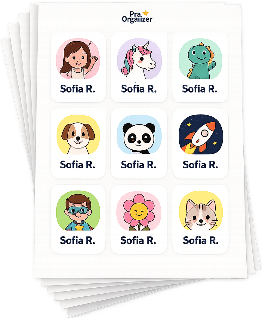 Hoja de etiquetas personalizadas con nueve diseños y el nombre Sofía R.